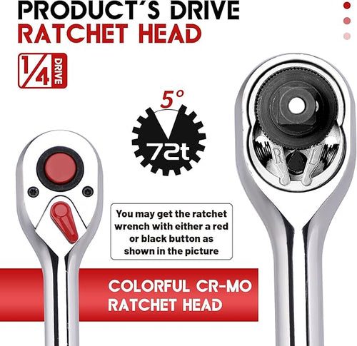 1/4 Inch Drive Ratchet Wrench, 1/4 Ratchet, Socket Wrench, 72-Tooth Quick-release Reversible Cr-Mo Head, Chrome Steel Made - 5.9''15cm