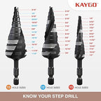 KAYGO M35 Step Drill Bit for Metal, 3/16 to 7/8 inch Step Drill Bits for Stainless Steel Aluminum Wood Plastic,1/4 -inch Hex Shank,Spriral Drouble-Fluted
