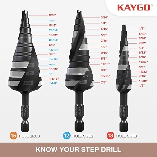 KAYGO M35 Step Drill Bit, 1/8 to 1/2 inch Step Bits for Thin Metal Stainless Steel Aluminum Wood Plastic,1/4 -inch Hex Shank