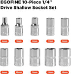Egofine 10PCS 1/4” Drive Standard Socket Set,Shallow Socket Set,Metric（4-13mm,6 Point Socket With Hanging Bracket,Cr-V Steel