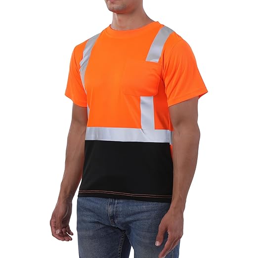 sesafety Hi Visibility Shirts for Men, Safety Shirts with Reflective Strips Class 2, Hi Vis Construction Work Shirt with Pocket Orange XL