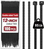 Zip Ties 12 inch (100 Pack), Double-sided Toothed, 85 lb, Delivering 1.7X Tensile Strength in the Same Specs, Black Cable Ties, Heavy Duty Wire Ties, Glufirm