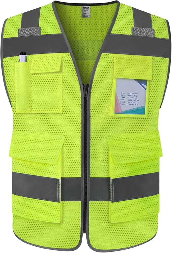 TCCFCCT Mesh Hi Vis Vest 5 Pockets High Visibility Reflective Safety Vest for Men Women, Neon Construction Vest with Horizontal Strip for Walkie-talkie and ID Card, Meets ANSI/ISEA Standards, Yellow,