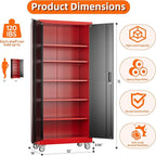 Metal Garage Storage Cabinet with Pegboard, 71''H*32" W*16" D Rolling Tool Cabinets on Wheels with 5 Adjustable Shelves for Garage Home Warehouse Utility Room, Assembly Required,Red and Black