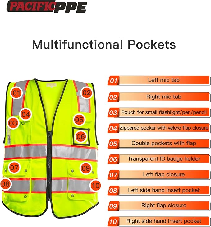 PACIFIC 10 Pockets Safety Vest for Men, 3M High Visibility Reflective Strips with Pockets and Zipper, ANSI Class 2, Yellow, X-Large