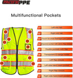 PACIFIC 10 Pockets Safety Vest for Men, 3M High Visibility Reflective Strips with Pockets and Zipper, ANSI Class 2, Yellow, Large
