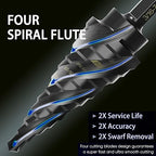 M35 Cobalt Step Drill Bit Four Spiral Flute, 3/16"-7/8" (12 Step Sizes) - Ideal for Metal, Stainless Steel, Wood, Plastic - 1/4" Hex Shank