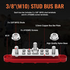 Joinfworld Bus Bar 250A 12V Power Distribution Block with 3 x 3/8"(M10) Studs Marine Bus Bar Terminal Block 12 Volt DC Battery Busbar with Cover - Negative&Positive