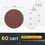 HARFINGTON 30 Pcs 7 Inch Sanding Disc 60 Grit Hook and Loop Sandpaper Random Orbital Sander Pads for Woodworking Automotive Metal Polishing