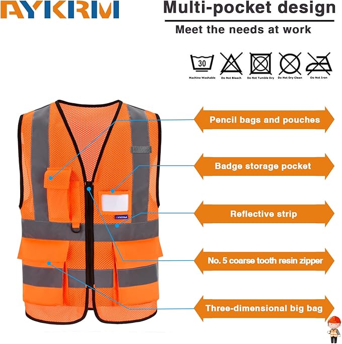 A-SAFETY High Visibility Mesh Safety Reflective Vest with Pockets and Zipper,Hi Vis Viz Reflective Safety Vest(Orange Mesh S)