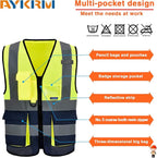 High Visibility Safety Vest with 4 Reflective Strips 7 Pockets,Yellow&Navy 6XL-8XL