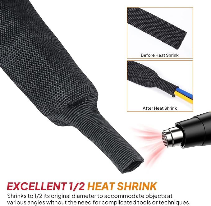 Black 2:1 Ratio Automotive Heat Shrink Braided Sleeving,Wear-Resistant Flat Woven Shrinkable Sleeve Fabric Car Cable Wires Hoses Protection (1"-8ft)