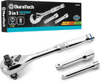 DURATECH Ratchet Set, 3-IN-1 Ratchet Handle, with 2 Extension Bars, 1/4", 3/8", 1/2" Drive Ratchet Wrench, 72-Tooth, Reversible Switch, Full-Polished Chrome Plating, Alloy Steel