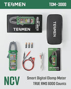 TESMEN TCM-300D Digital Clamp Meter, 6000 Counts Multimeter, Voltage Tester with AC/DC Current &Voltage, Auto-Ranging Voltmeter with Inrush Capacitance Resistance Diode Continuity NCV/Live Wire