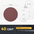 HARFINGTON 20 Pcs 6 Inch Sanding Disc 40 Grit Hook and Loop Sandpaper Random Orbital Sander Pads for Woodworking Automotive Metal Polishing