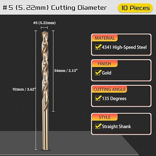 Drill Bit, #5 Cutting Diameter, 4341 HSS Gold Finish 135° Cutting Angle Number Jobber Bits - (Applications: for Drilling Soft Metal Plastic Wood), 10-Pieces