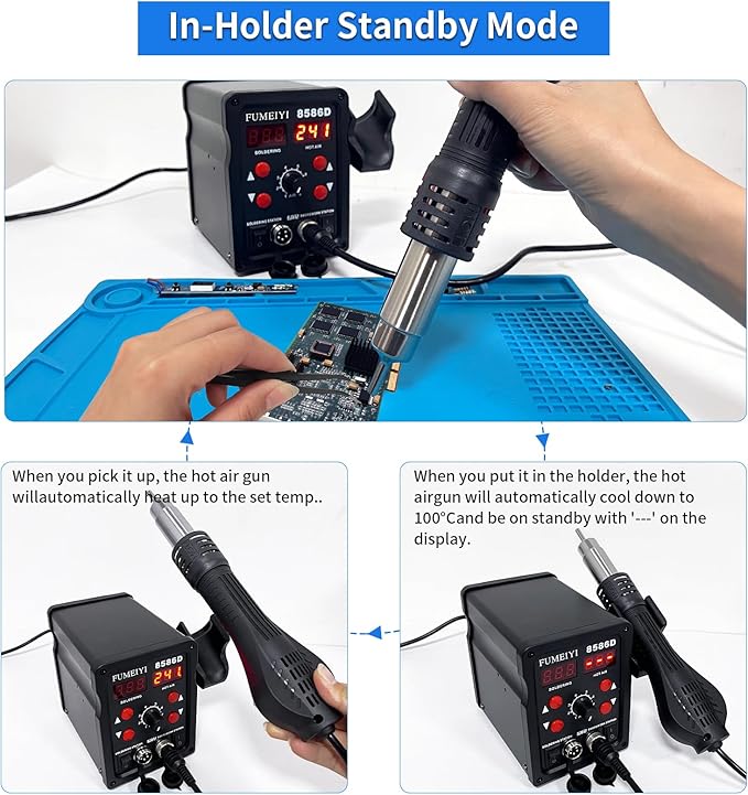 8586D Hot Air Soldering Iron Station Kit 2-IN-1 for Rework, Desoldering with Lead-Free Solder Wire, 5 Soldering Tips, 3 Hot Air Nozzles, Tweezers, Desoldering Pump。