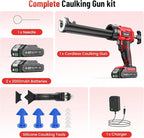 Electric Caulking Gun, Cordless Caulking Gun with 2x 2000mAh Batteries, 9Pcs Silicone Caulking Tools, 4 Adjustable Speeds, LED Light, 10OZ Battery Silicone Gun for Filling, Sealing (Red)