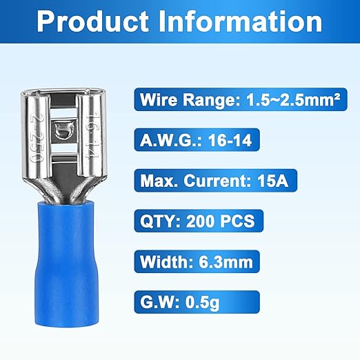200 Pcs Female Quick disconnects Vinyl Insulated Spade Wire Connectors, Blue Electrical Crimp Terminal 16-14 AWG (6.3mm)
