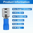 200 Pcs Female Quick disconnects Vinyl Insulated Spade Wire Connectors, Blue Electrical Crimp Terminal 16-14 AWG (6.3mm)