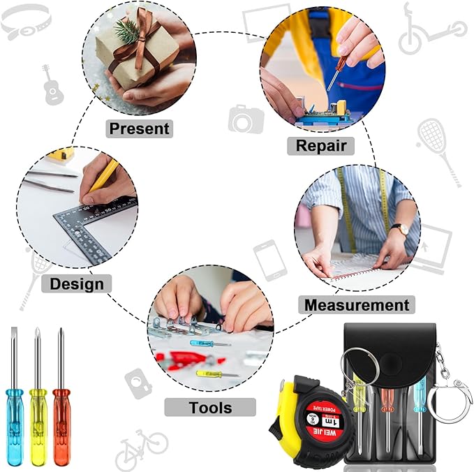 24 Pcs Mini Tape Screwdriver Keychain Set Christmas Men Gifts Bulk Adult Party Favors Multitool Pen Card Tool Measuring Keychains Stocking Christmas Stuffers for Men Dad (Yellow,Black)