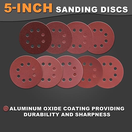 100Pcs 220 Grit Sanding Discs 5 Inch 8 Hole: Woodworking/Metalworking Round Medium Hook and Loop Sandpaper for Random Orbital Sander
