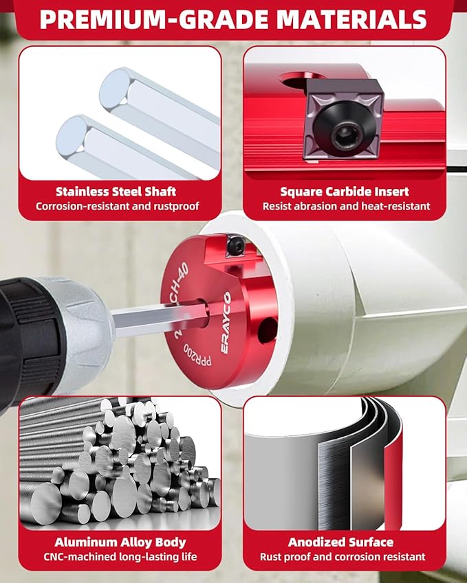 ERAYCO 8PCS PVC Pipe Reamer Kit, Plastic Pipe Fitting Reamer Tool, Fit into Standard 1/2" Drills, PVC Fitting Saver for SCH40 PVC CPVC ABS Pipe (1/2'', 3/4'', 1'', 1-1/2'', 1-1/4'', 2'', 3'', 4'')