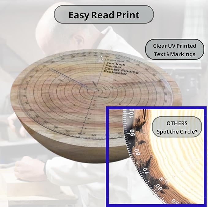 clearly printed 350mm circle center finder tool, protractor, and circle maker tool and compass for woodworking and wood turning. Find the center of timber or dowel with our center finder ruler.