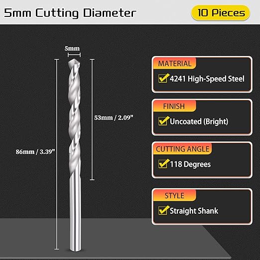 Drill Bit, 5mm Cutting Diameter, 4241 HSS 118° Cutting Angle Uncoated Bright Versatile Jobber Bits - (Applications: for Drilling Plastic Wood Soft Metal), 10-Pieces