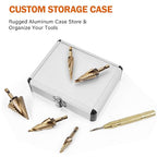 KENDO Two Spiral Flute Cobalt Step Drill Bits with Automatic Center Punch, 5PCS M35 High Speed Steel Unibit Step Bits, Total 50 Sizes, 1/4" Hex Shank, Ideal for Metal, DIY Lovers with Aluminum Case