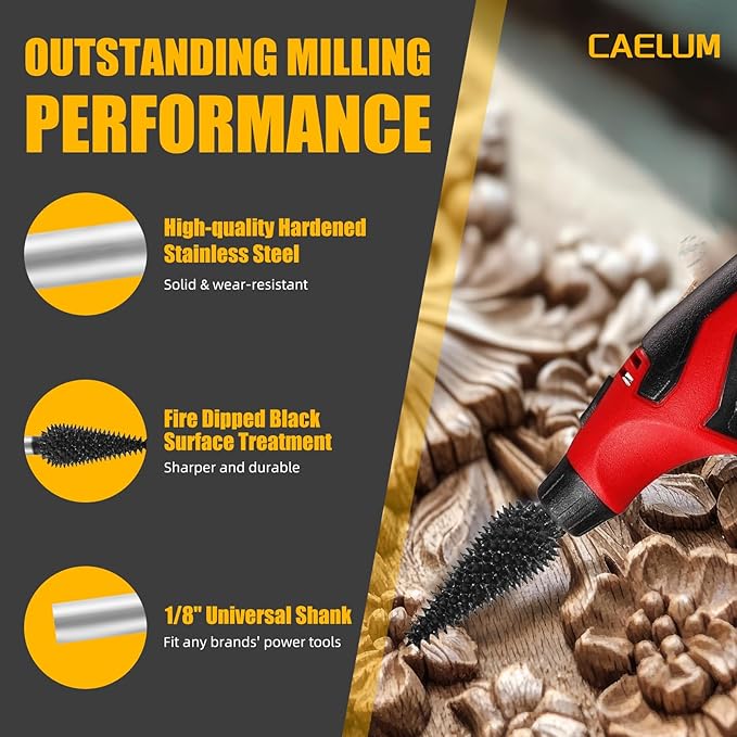 CAELUM 1 Pcs Taper Rotary Burr Kit, 1/8" Shaft, Very Coarse - Woodworking Attachment for Dremel, Foredom, DeWalt, Milwaukee Tools, Carving Burrs for Carving Engraving in Wood, Rubber, Plastic