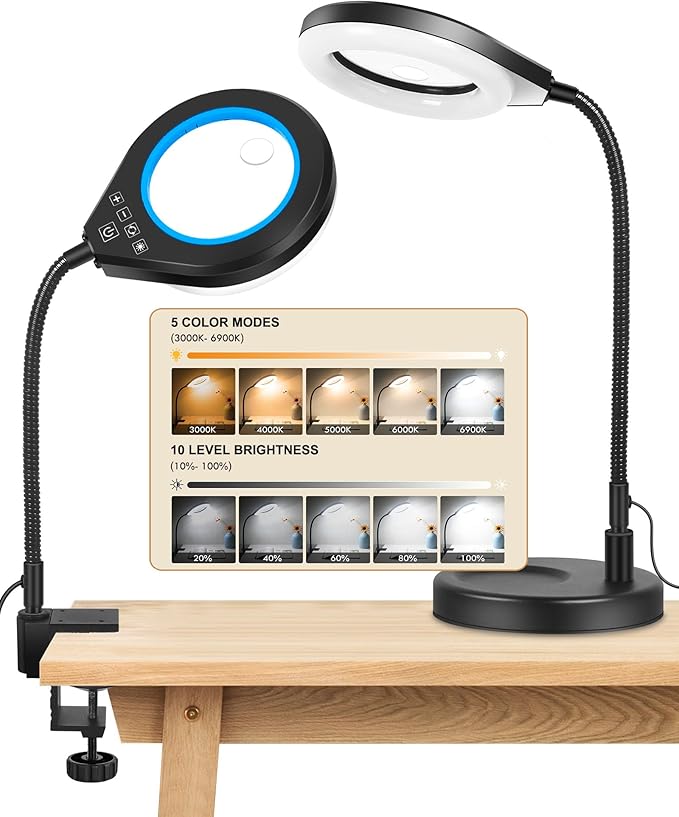 Flexible Gooseneck 2-in-1 Magnifying Glass with Light and Stand,10x & 5x Real Glass Lens Magnifying Lamp, 5 Color Stepless Hands-Free LED Desk Lamp with Clamp for Painting, Crafts, Reading (Blue)