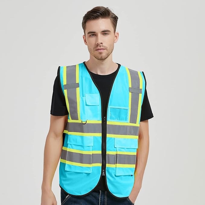 Safety Vest Customize Logo with 5 Pockets & Zipper Reflective High Visibility Vest Class 2 Outdoor Workwear