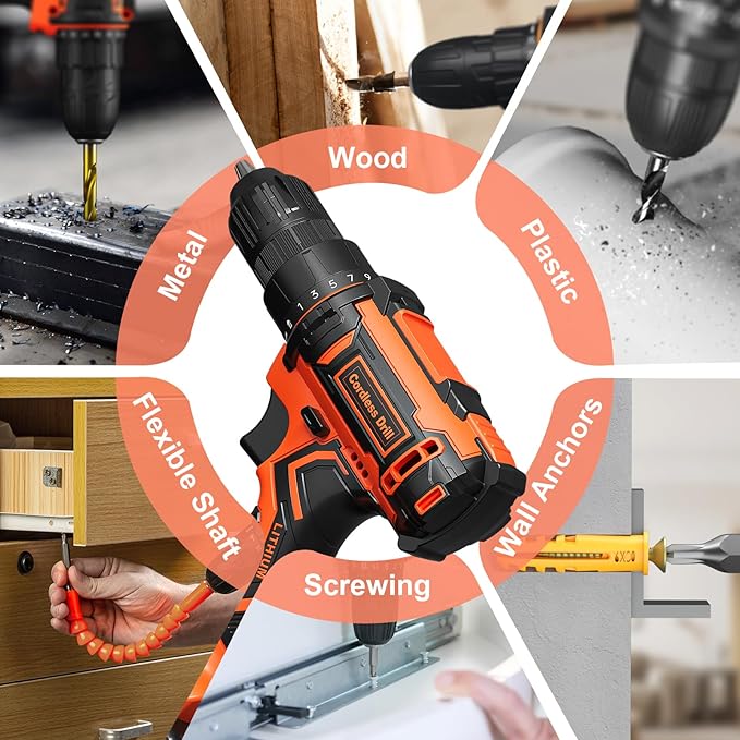 Cordless Drill, 20V Power Drill, Double 2000mAh Power Pack Electric Drills, Cordless Drills with Power Pack and Charger, 3/8" Keyless Chuck Screwdriver with 25+1 Max 370 In-lb Torque, 42Pcs Bits