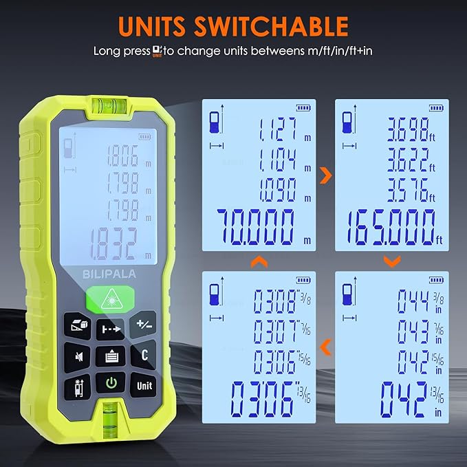Laser Measure, 70M/229ft Digital Laser Distance Meter, ±2mm Accuracy Laser Measuring Tool, Tape Measure with Backlit LCD, Measuring Distance,Area,Volume,Pythagorean IP54 Shockproof(Green)
