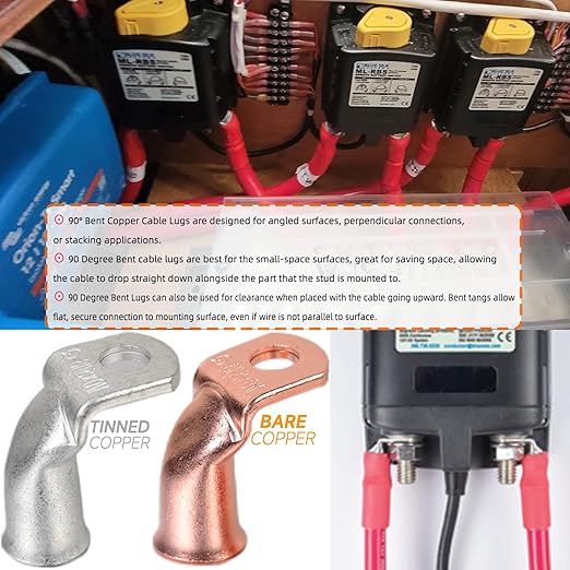 Tinned Copper Cable Lugs 10pcs 4 AWG-3/8 90 Degree Bent Battery Lugs,Heavy Duty Wire Lugs,Ring Terminal,4 Guage terminals,Battery Cable Ends/Terminal Connectors with 10pcs 3:1 Heat Shrink Tubing