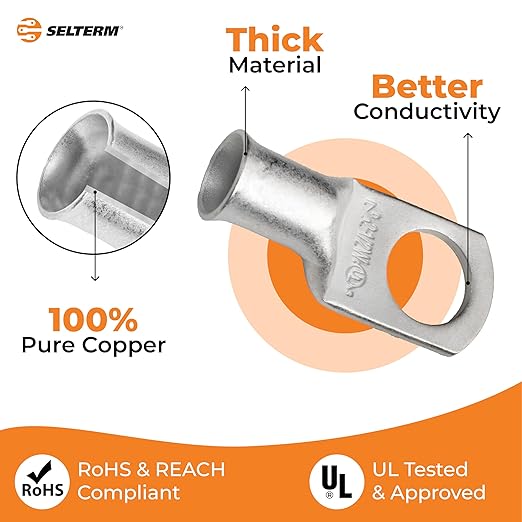 SELTERM 2pcs 2 AWG 1/2" Stud Tinned Copper Wire Lugs, Battery Lugs, Ring Terminals, Battery Cable Ends, 2 Gauge Ring Terminal Connectors, UL Marine Grade Electrical Battery Terminal Connectors