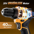 20V Brushless Cordless Lithium-Ion Drill Set, Compact Design, Yellow Rechargeable Lithium-Ion Drill Kit, including 2.0Ah Battery, Charger and 3/8-inch Keyless Chuck