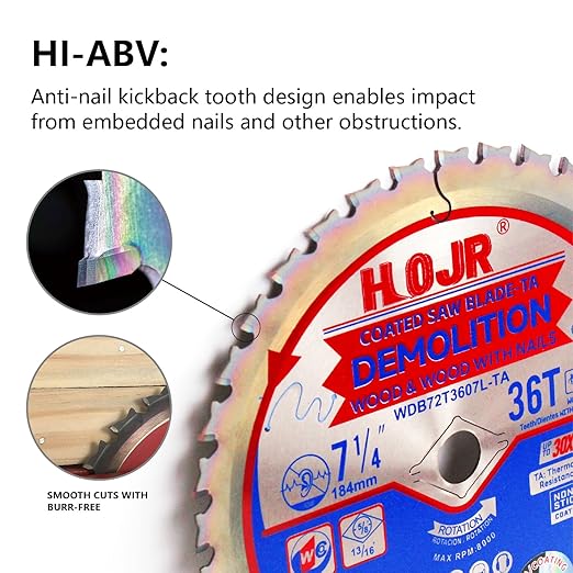 10-Pack 7-1/4" 36 Tooth 5/8" Arbor Demolition Circular Saw Blade Woodworking TA Series, Demolition/Framing, Special Anti-Thermal Adhesion Coating on Cutting Head -TA, DEM 7-1/4"36T TA