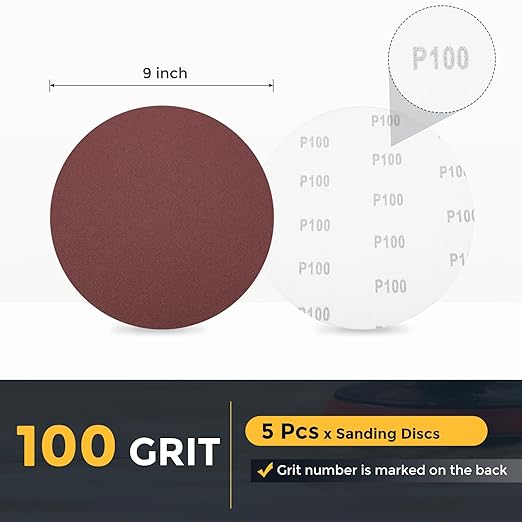 HARFINGTON 5 Pcs 9 Inch Sanding Disc 100 Grit Hook and Loop Sandpaper Random Orbital Sander Pads for Woodworking Automotive Metal Polishing
