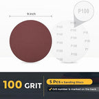HARFINGTON 5 Pcs 9 Inch Sanding Disc 100 Grit Hook and Loop Sandpaper Random Orbital Sander Pads for Woodworking Automotive Metal Polishing