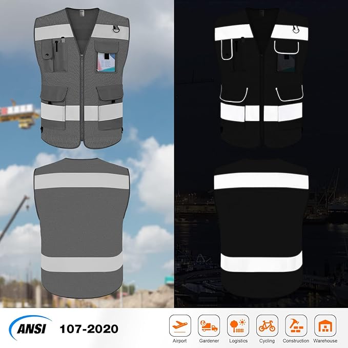 TCCFCCT Mesh High Visibility Vest 9 Pockets Hi Vis Reflective Safety Vest for Men Women, Construction Vest with Reflective Strips, Meets ANSI/ISEA Standards, (Grey, Small)