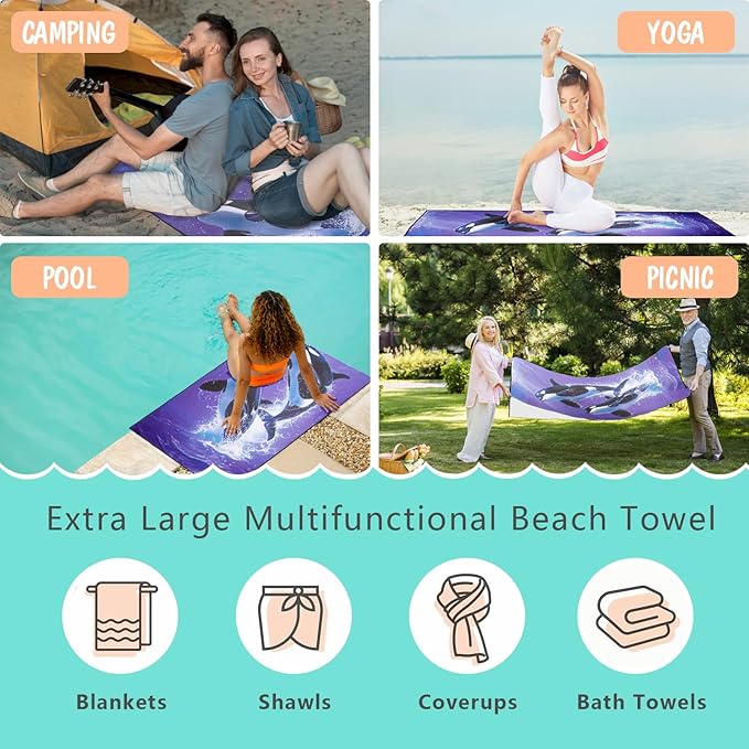 Killer Whale Beach Towel Oversized 36" x 72", Thin Lightweight Sand Free Quick Dry Microfiber Towel for Swimming Pool Cruise Camping Travel