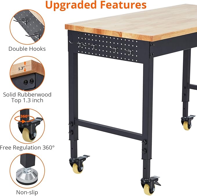 Work Bench 72" Adjustable Height, Heavy-Duty Portable Workbench with Power Outlets for Garage & Workshop, 2000 LBS Load Capacity, Work Table for Office, Home, Easy Assembly