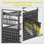 Power Tool Organizer Wall Mount, 49" Heavy Duty 4-Tier Garage Storage Shelf with 12 Drills Holder, Pegboard Side Panels,4 Long Hooks, Large Tool Battery Holder Metal Tool Shelf Rack