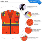 SKSAFETY 10 Pockets Safety Vest, Class 2 High Visibility Security with Zipper Double-sided mesh, Hi Vis Vest with Reflective Strips, ANSI/ISEA Standard, Construction Work Vest （Orange, L）