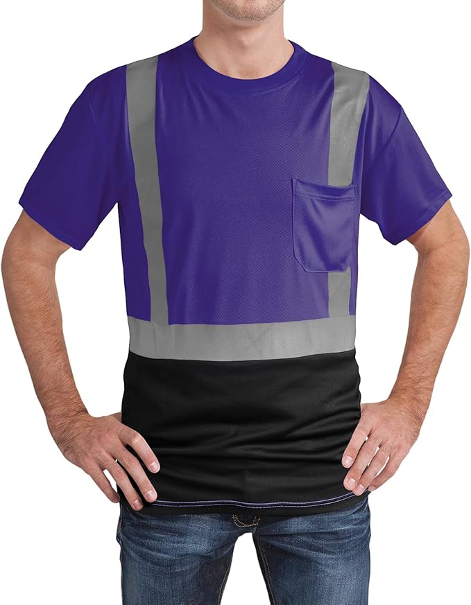 High Visibility Shirts Quick Dry Safety T Shirts with Reflective Strips and Pocket Short Sleeve Mesh Hi Vis Construction Work Class 2 Shirt for Men/Women Black Bottom Purple,4XL
