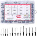 500pcs Pop Rivets Assortment Kit,14 Sizes Aluminum Rivets,Blind Rivets set,including 3/32" 1/8" 5/32" 3/16",metal Dome Head rivets Assortment kit with labels Storage boxes (Black)