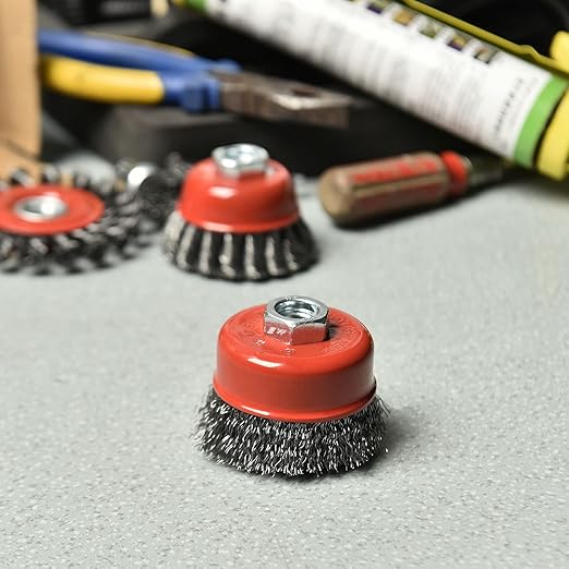 4PCS 3 Inch Carbon Steel Crimped Wire Wheel Cup Brush Set for Grinders, Coarse Crimped with 5/8-Inch-11 Threaded Arbor, Max RPM 12,500, Light-Duty Conditioning for Metal, Rust Removal, Abrasives