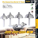 6pcs Classical Cove Router Bit Set,1/4" Shank Cove & Fillet Bits,Carbide Tipped Cutters for Wood Standard Cove Profiling,Molding,Edging